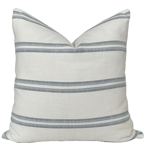 White Indoor Outdoor Pillow with Blue Stripes