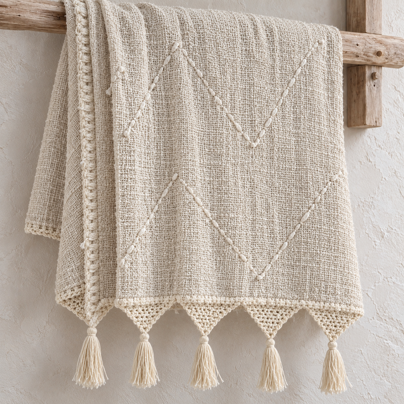 Cream organic cotton throw with macramé fringe on a rustic rail
