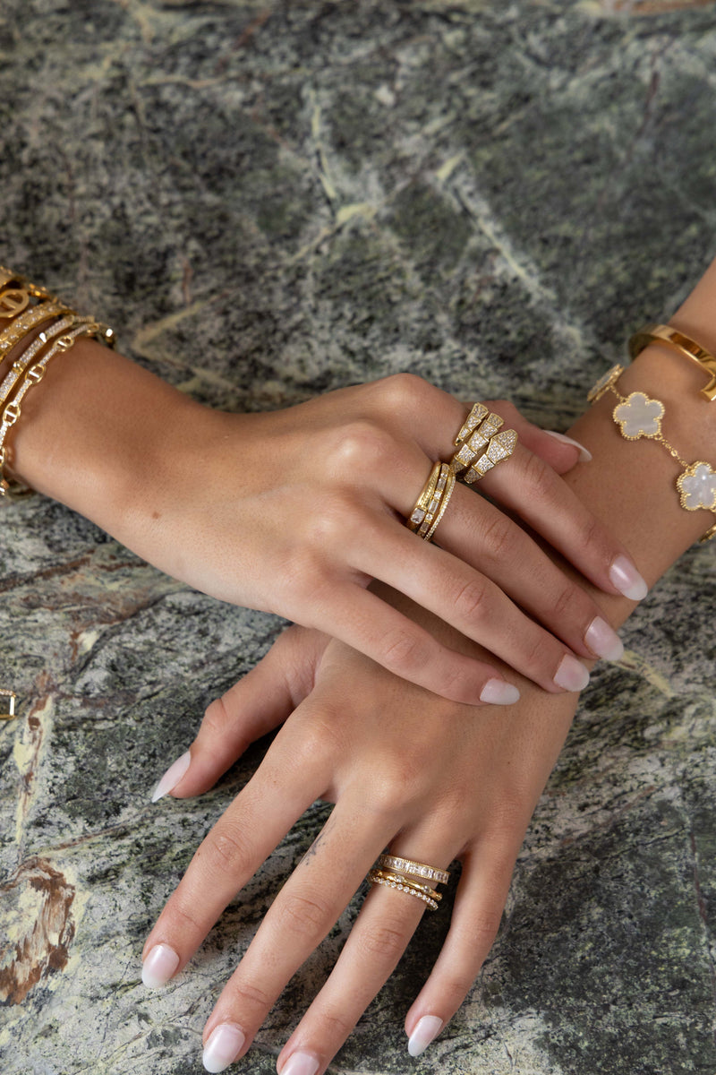 Close-up of Ivy CZ Ring Set stacked on hand