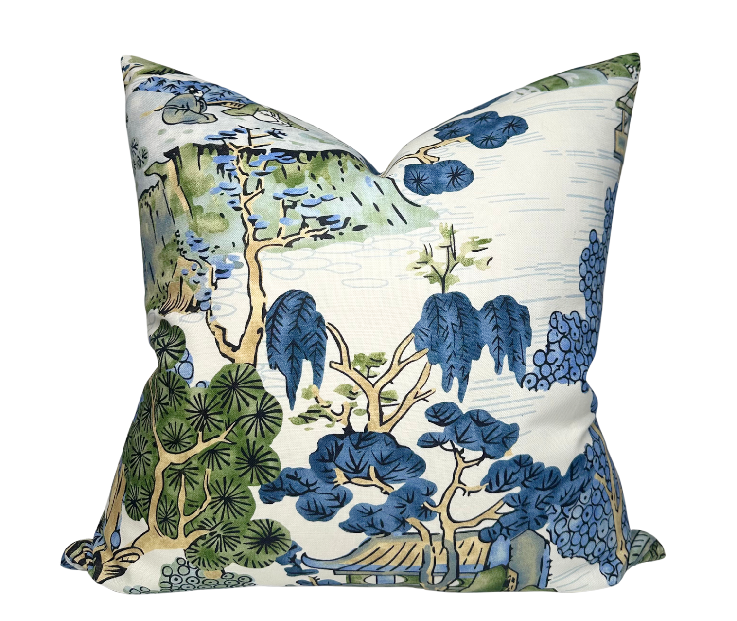 Asian Scenic Pillow Cover in Blue and Green