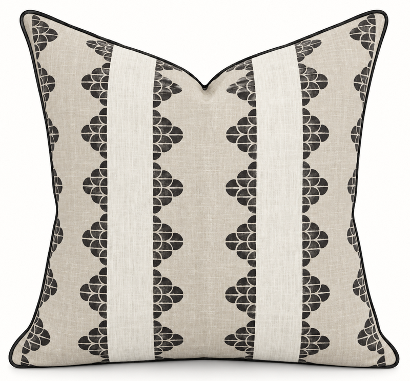 Dhara stripe linen pillow cover in black with black cording, 22x22