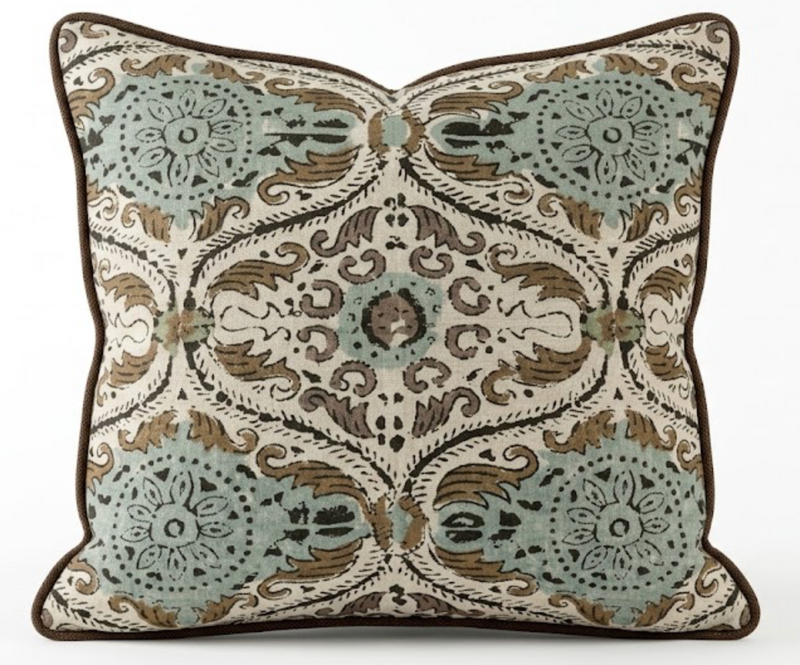 Cecilia linen pillow cover in gold and sage with brown welt, 22x22