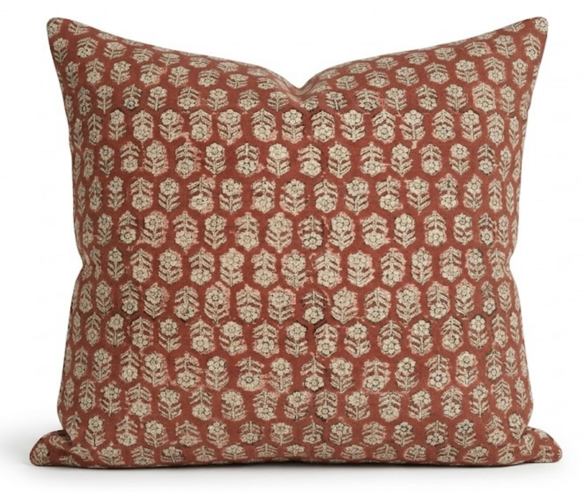 Tulsi Floral Block Printed Pillow Cover in Saffron, rust with cream florals, front view