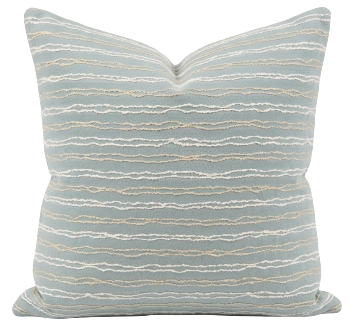 Wave Length Outdoor Pillow Cover in Sky Blue, embroidered cream stripes, front view
