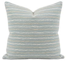 Wave Length Outdoor Pillow Cover in Sky Blue, embroidered cream stripes, front view