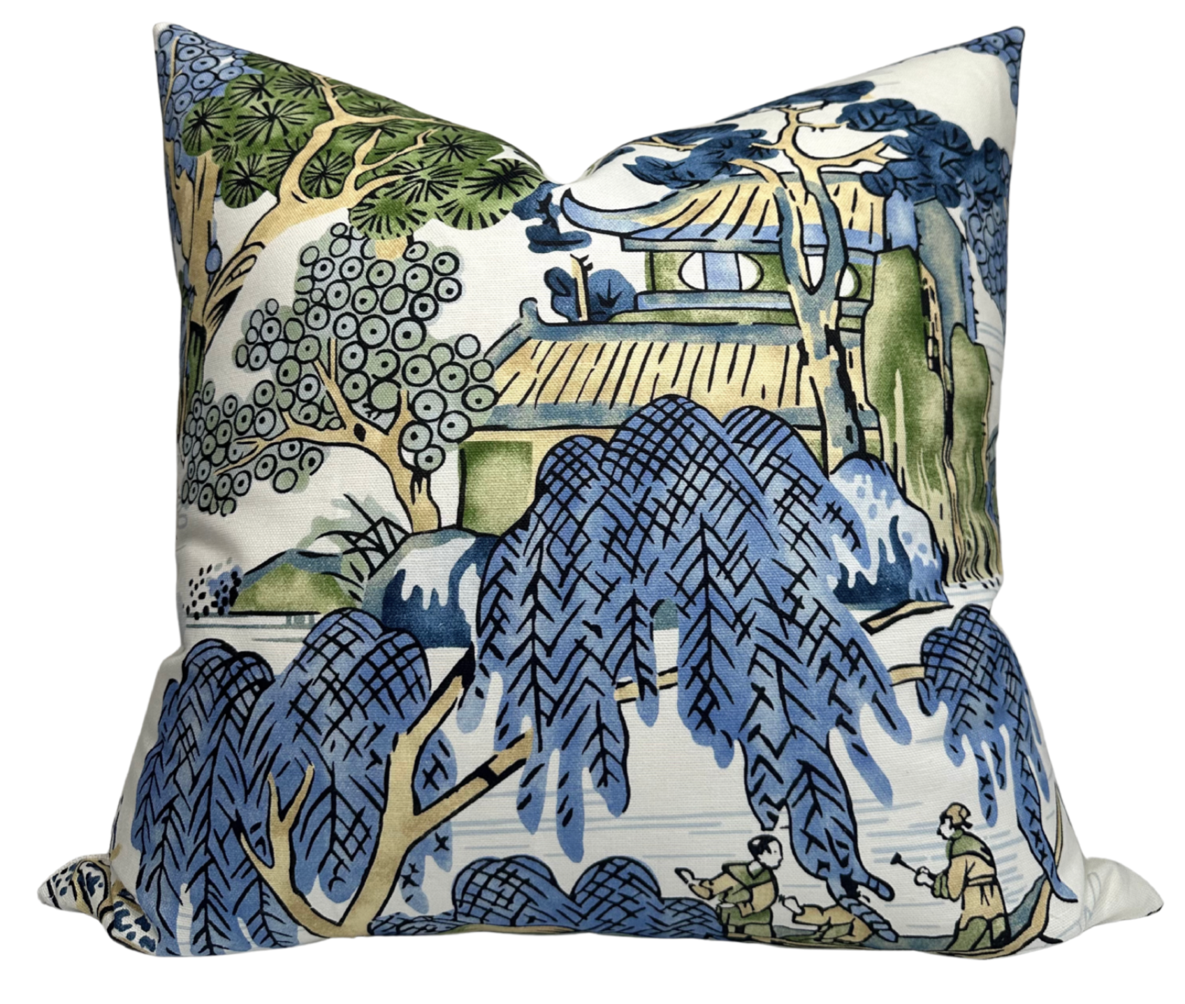 Asian Scenic Pillow Cover in Blue and Green