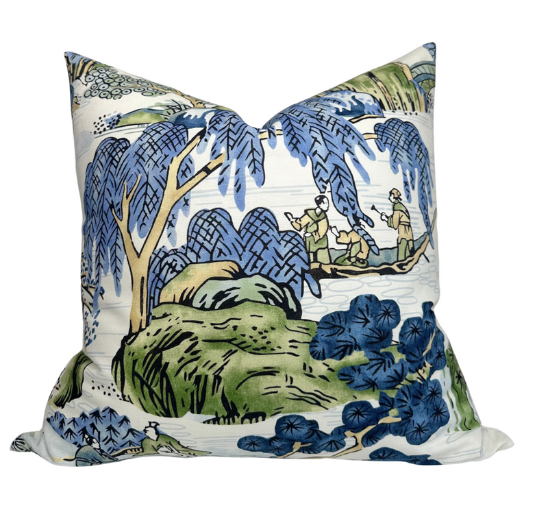 Asian Scenic Pillow Cover in Blue and Green