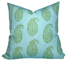 Kashmir Paisley Floral Pillow Cover in Green and Blue, Indoor/Outdoor Pillows, Peter Dunham Textiles