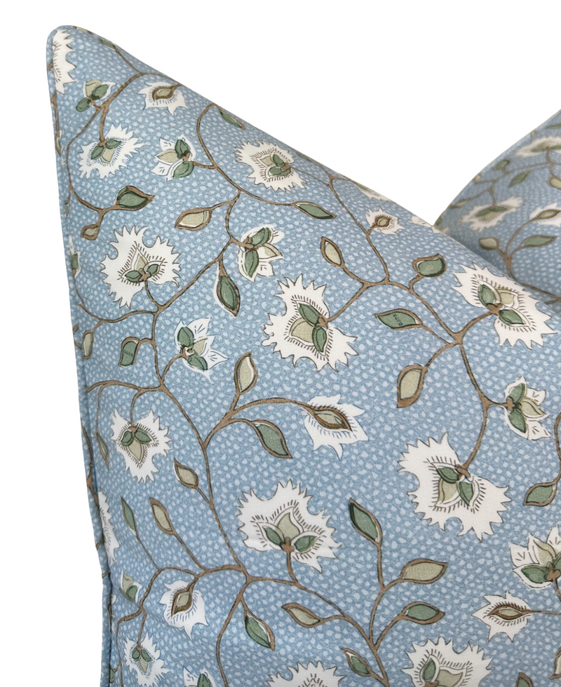 Ready to Ship, 22x22 Chelsea Floral Pillow Cover in Blue and Green With Self Welt