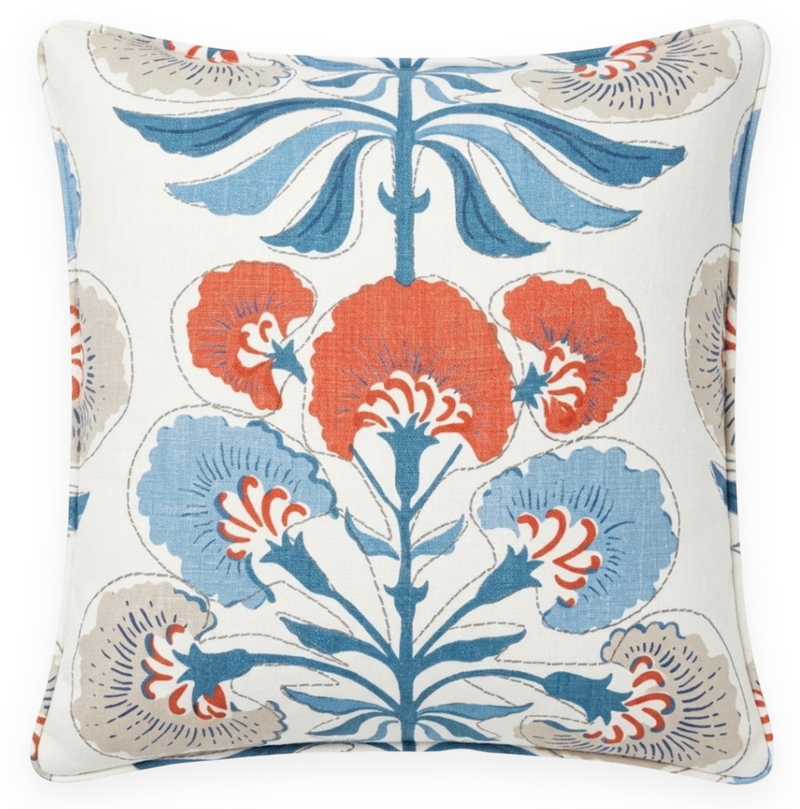 Ready to Ship, 18x18 Tybee Pillow Cover in Coral and Blue With Self Welt