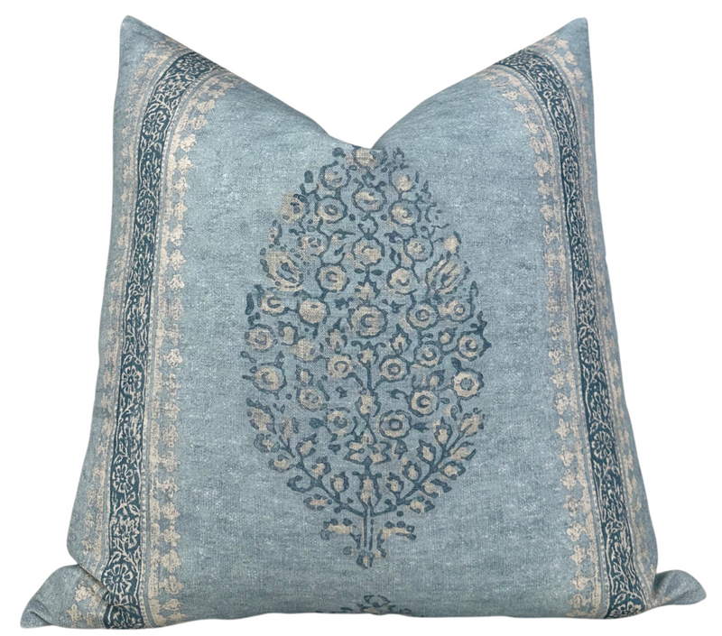 Chappana floral pillow cover in slate blue Thibaut linen, front view
