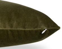 Olive green velvet pillow cover, angled view