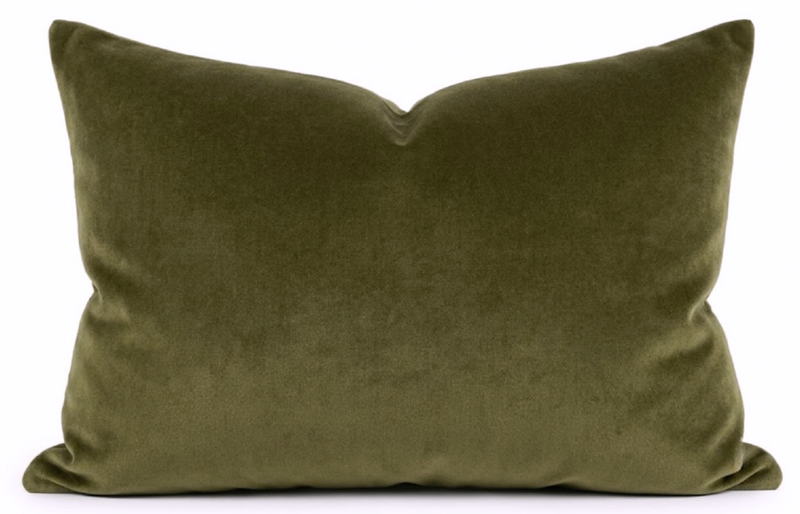 Olive green velvet pillow cover, front view