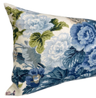 Hidcote blue floral lumbar pillow styled in a room