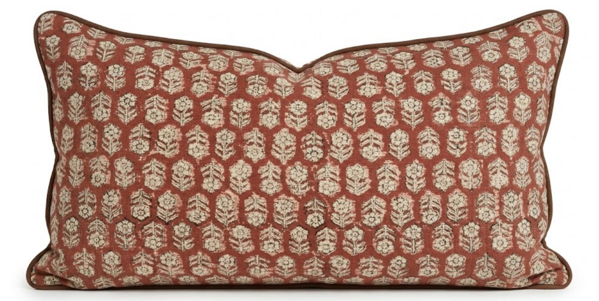 Tulsi Floral Pillow Cover in Saffron, close-up of block printed floral
