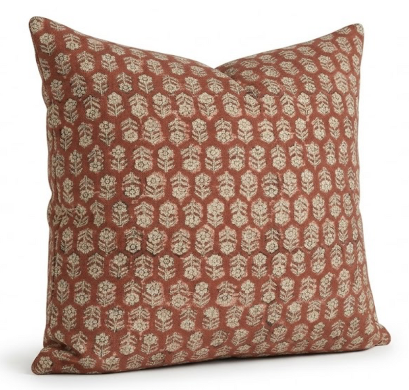 Tulsi Floral Pillow Cover in Saffron, block print linen detail