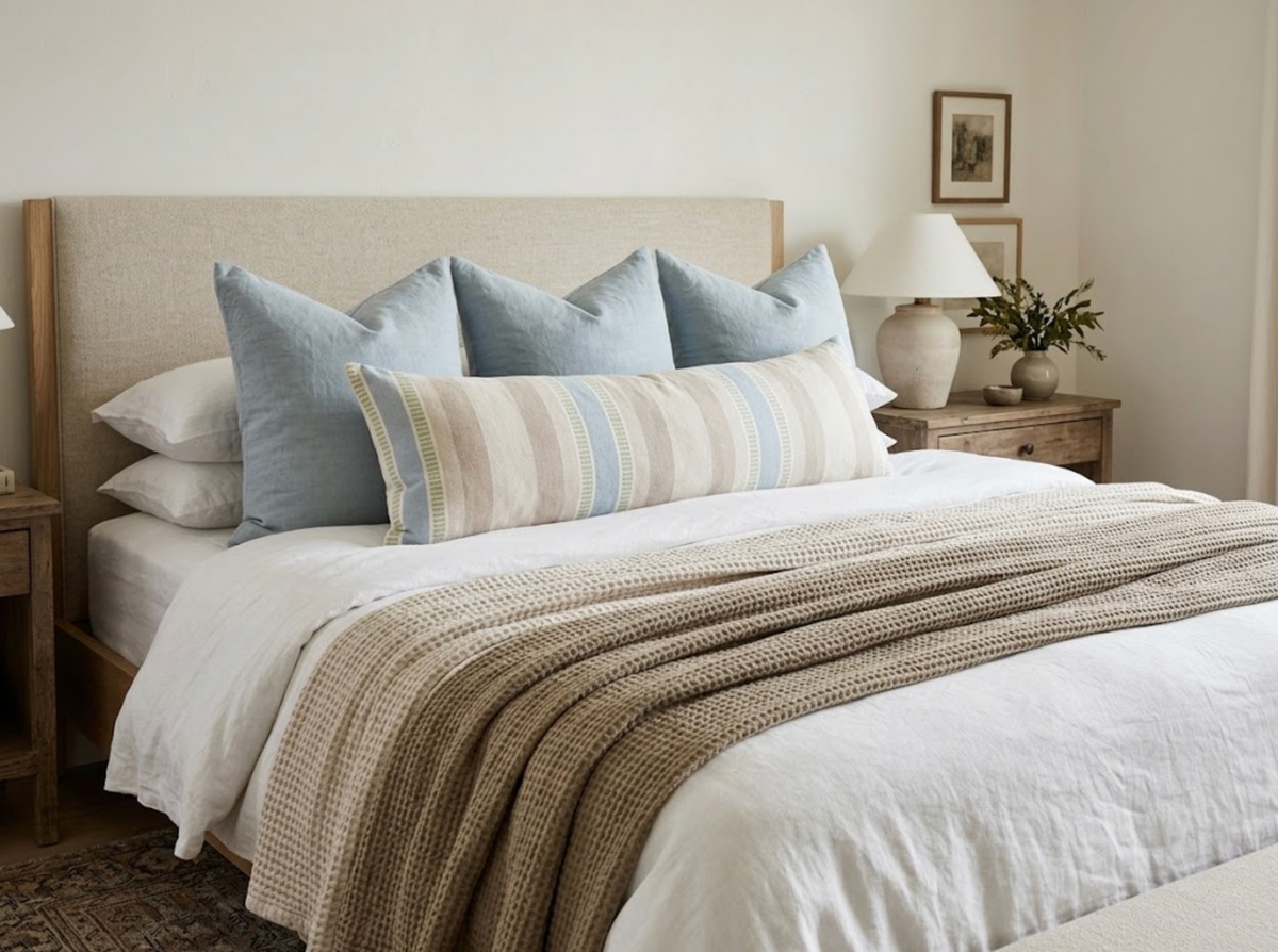 Dearden Striped Pillow Cover in Beige and Blue styled in a bedroom