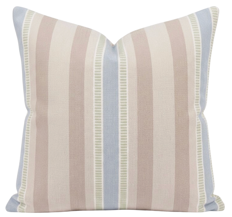 Dearden Striped Pillow Cover in Beige and Blue by Thibaut, soft painterly stripes, front view