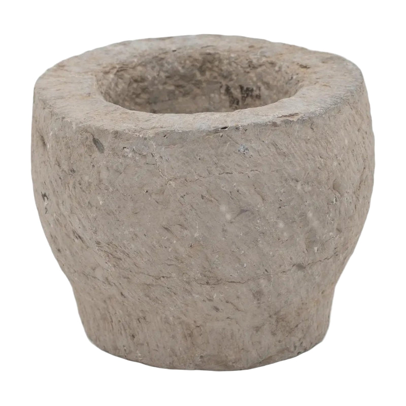 Hand-carved natural stone mortar bowl with aged patina
