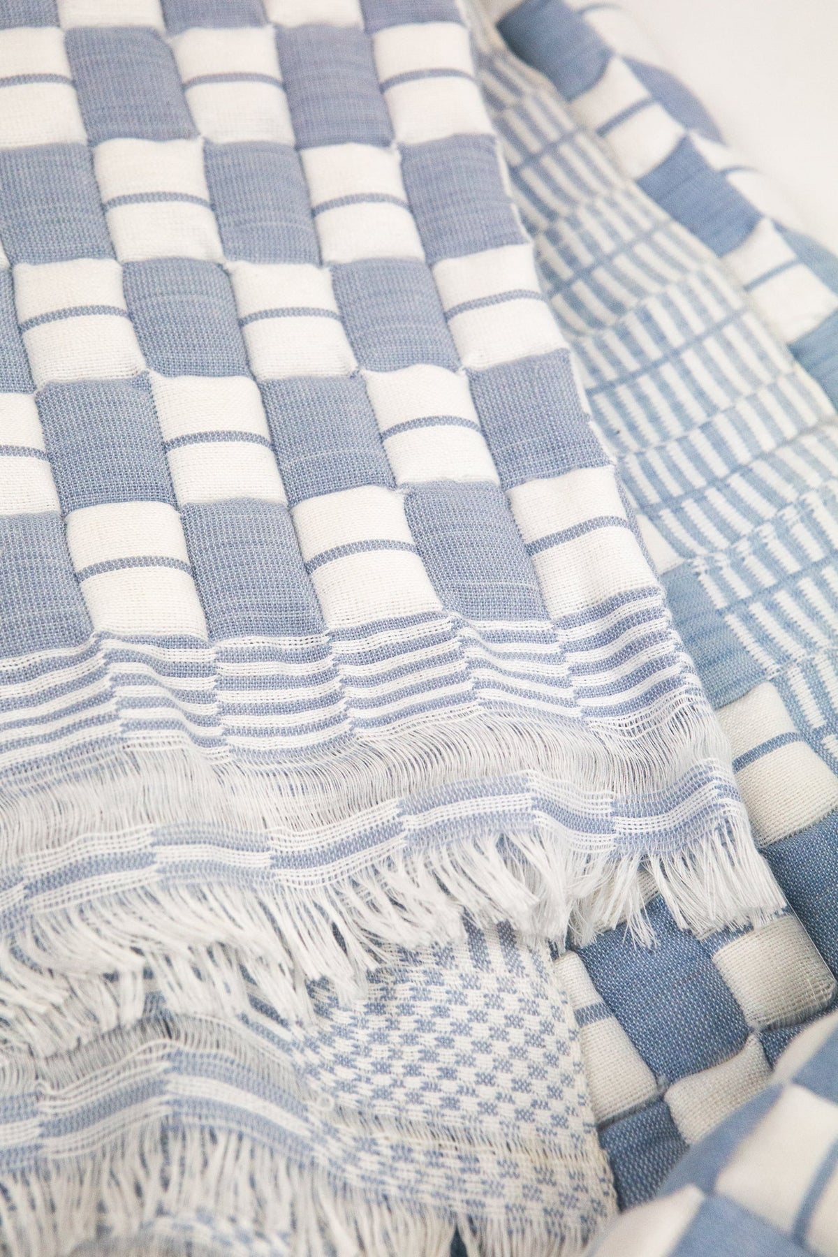 Quilted Sujani throw blanket in soft blue grey check