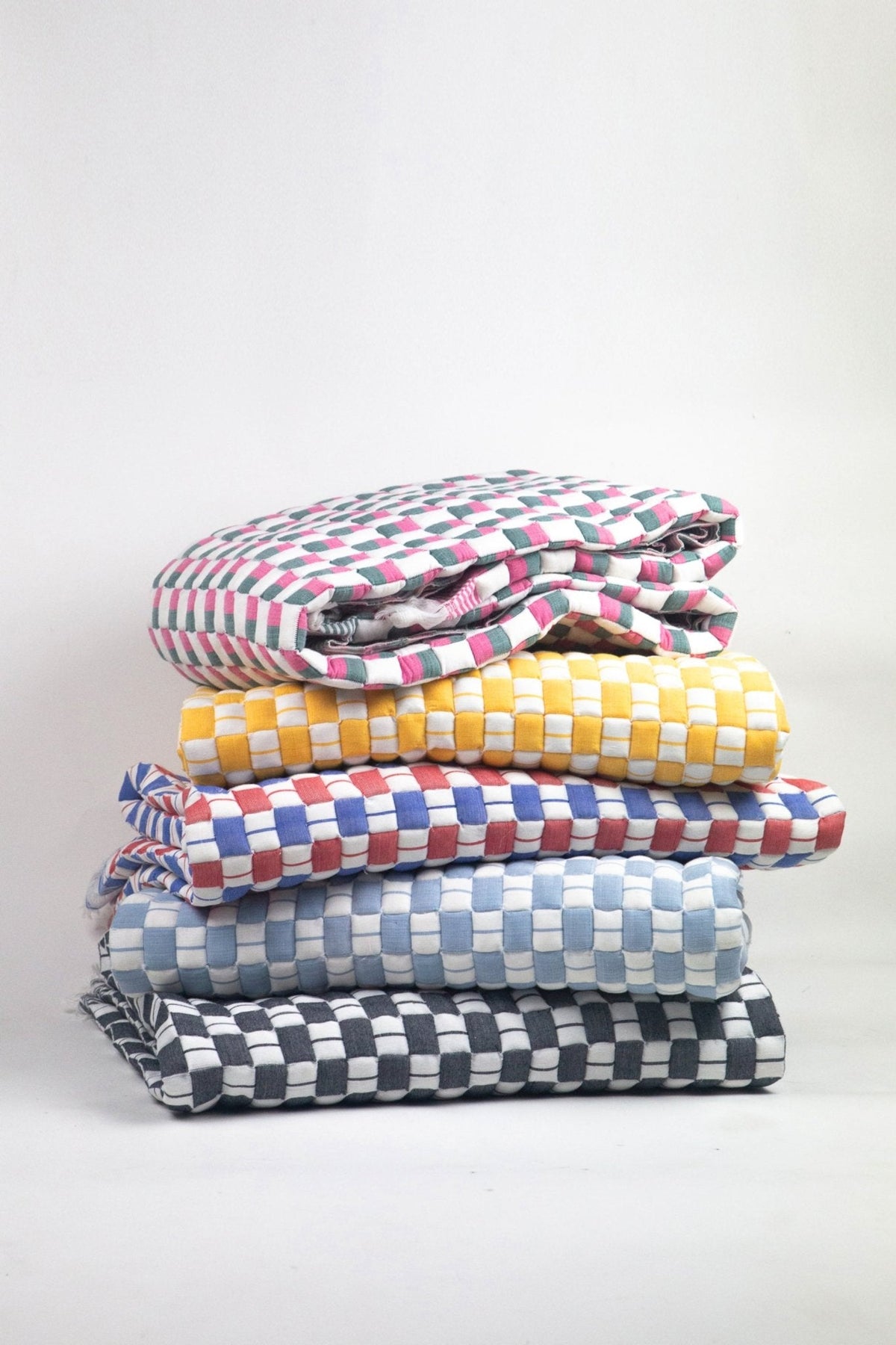 Quilted Sujani throw blanket in soft blue grey, full view