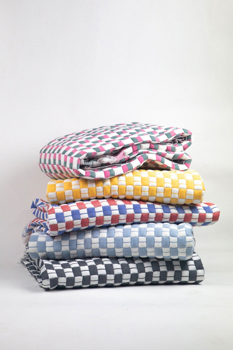 Quilted Sujani throw blanket in soft blue grey, full view