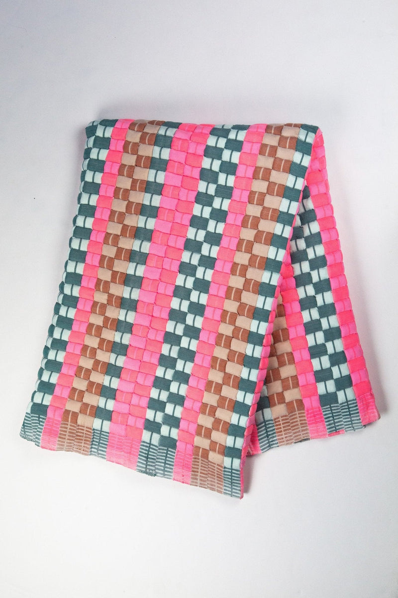 Quilted Sujani throw blanket in multi green and pink with fringe