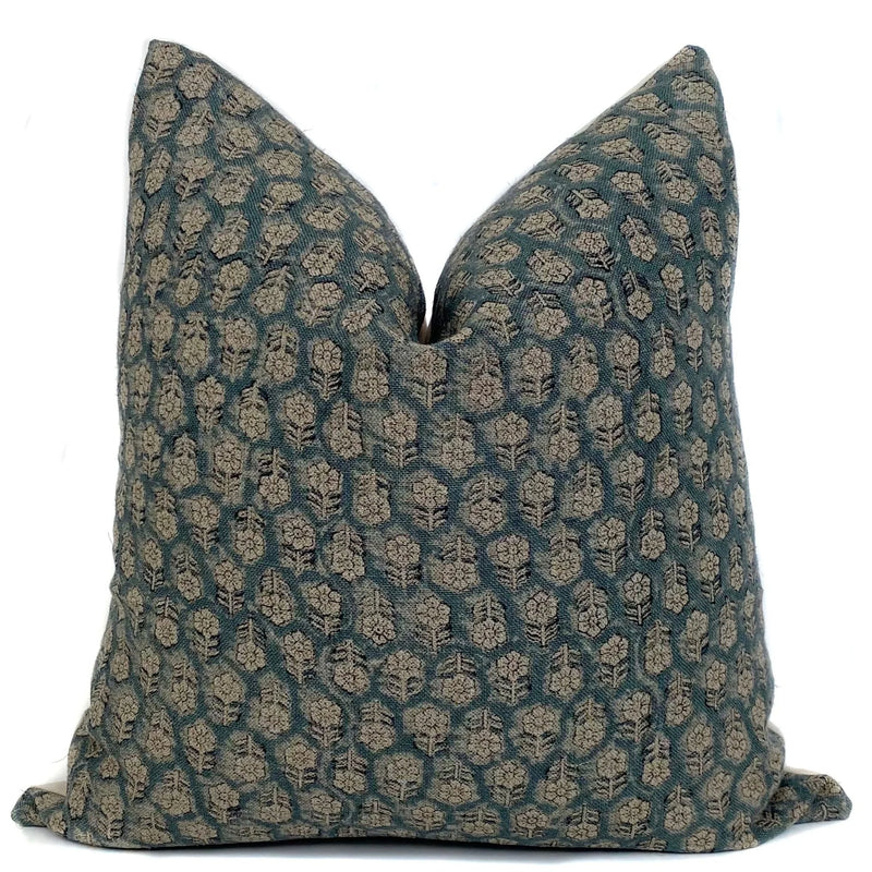 Valencia Floral Designer Pillow Cover | Teal Linen Pillow