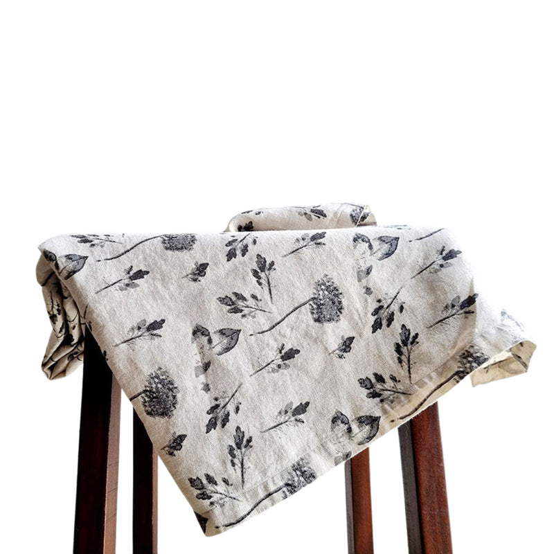 Floral linen tablecloth with grey hydrangea print