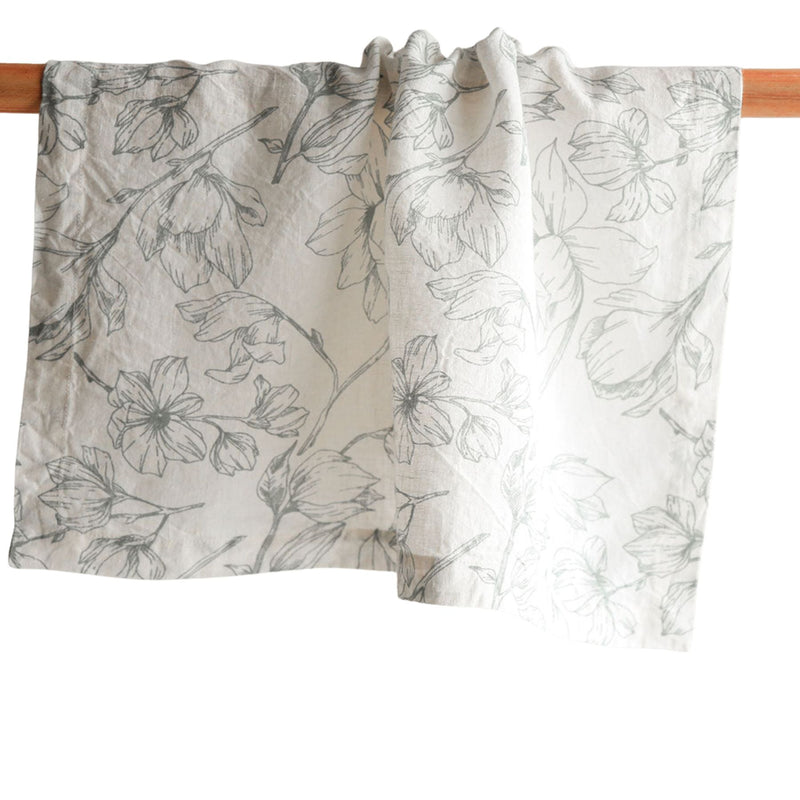 Set of 4 grey linen napkins with green lily design