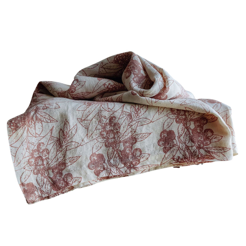 Ivory linen tablecloth with grey and red berries print