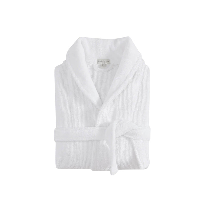 Luxury ribbed Turkish cotton bath robe in white displayed on hook