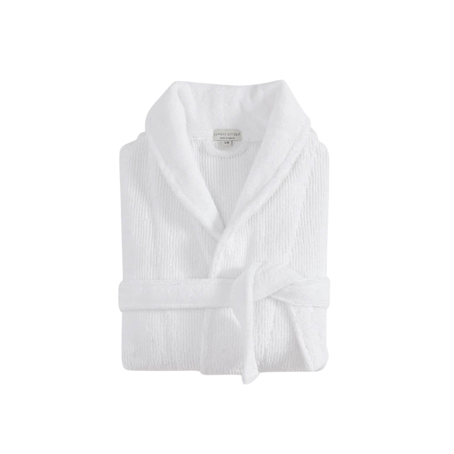 Luxury ribbed Turkish cotton bath robe in white displayed on hook