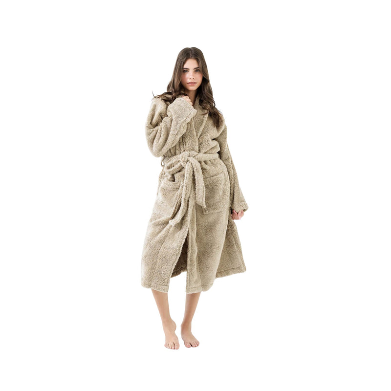 Plush cotton bathrobe with shawl collar and tie waist hanging on hook