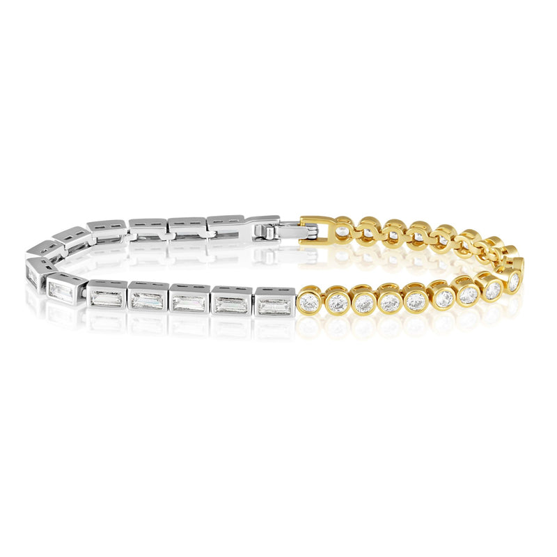 Spencer Two-Tone Bezel Tennis Bracelet with half silver emerald-cut and half gold round-cut stones