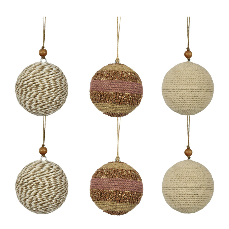 Set of 6 natural jute Christmas ornaments with wood beads