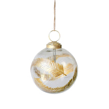 Clear mouthblown glass ornaments with gold etching and jute hangers