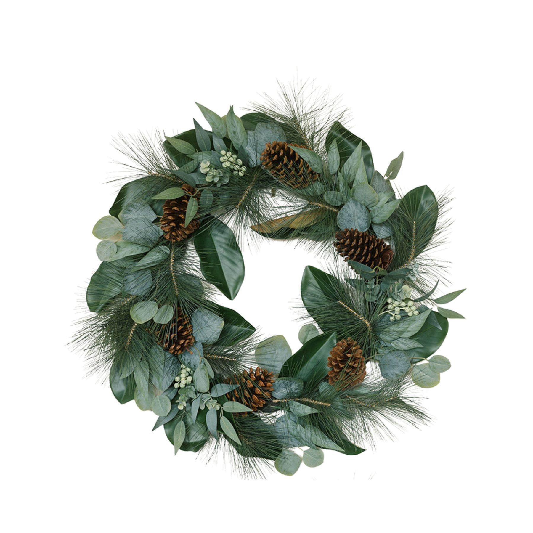 28-inch faux magnolia and eucalyptus wreath with pinecones and needle pine