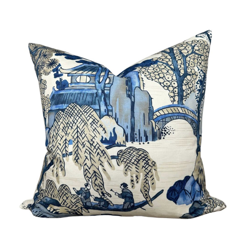 Asian Scenic Pillow Cover in Navy