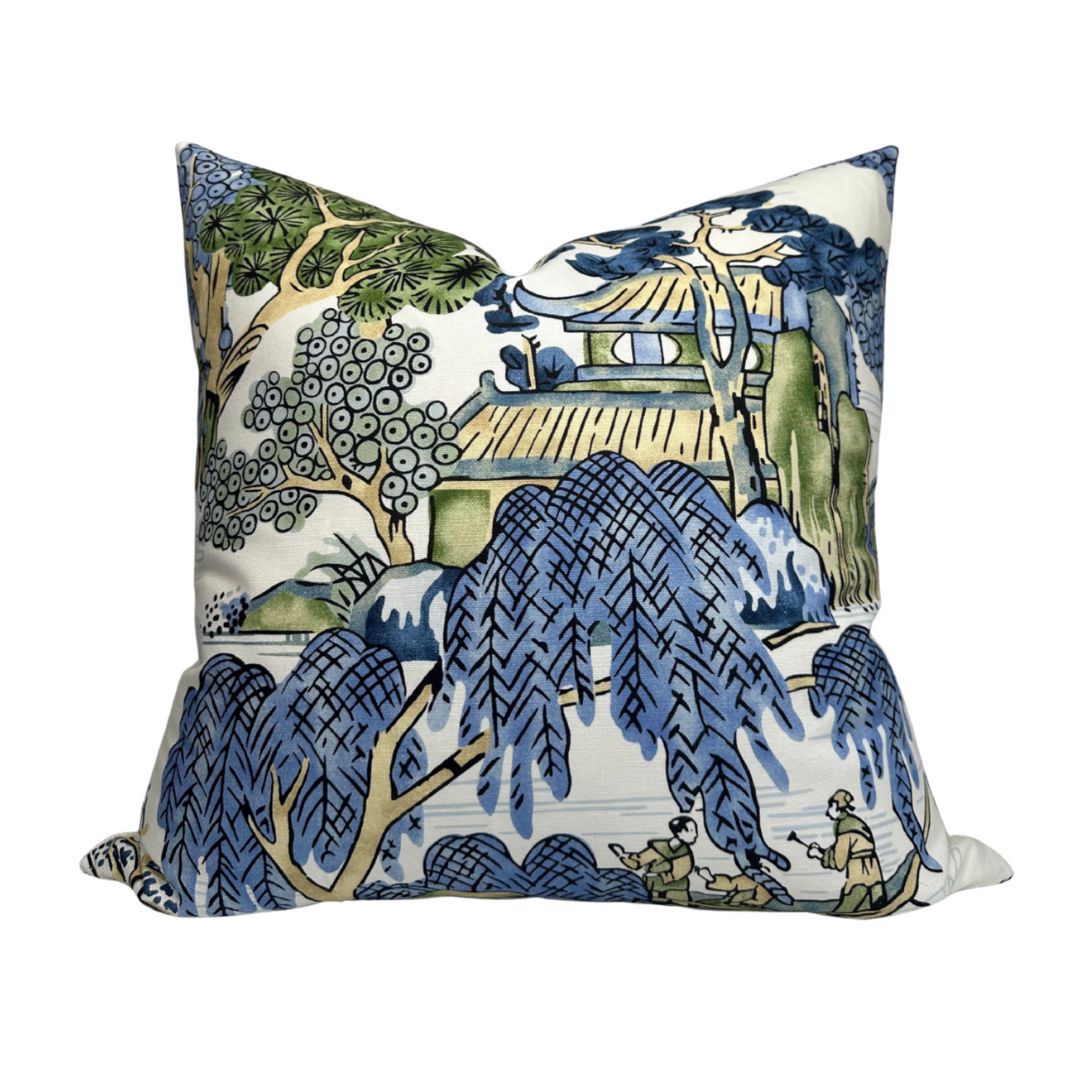 Asian Scenic Pillow Cover in Blue and Green
