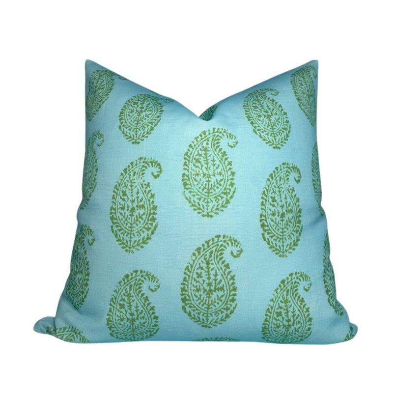 Kashmir Paisley Floral Pillow Cover in Green and Blue, Indoor/Outdoor Pillows, Peter Dunham Textiles
