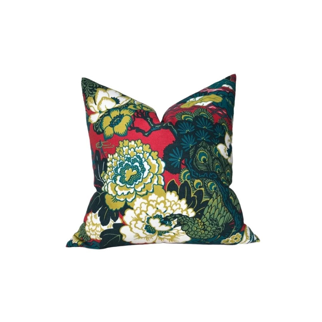 Shanghai Peacock Pillow Cover in Cerise, Schumacher Textiles