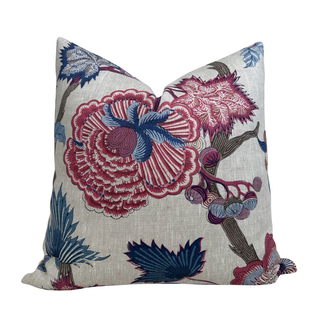 Indienne Jacobean Pillow Cover in Raspberry and Blue, Thibaut Pillows