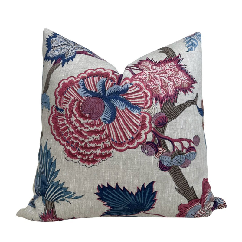 Indienne Jacobean Pillow Cover in Raspberry and Blue, Thibaut Pillows