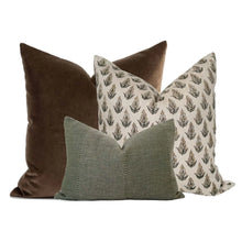 Truffle Velvet Pillow Cover styled on a neutral sofa in a designer living room