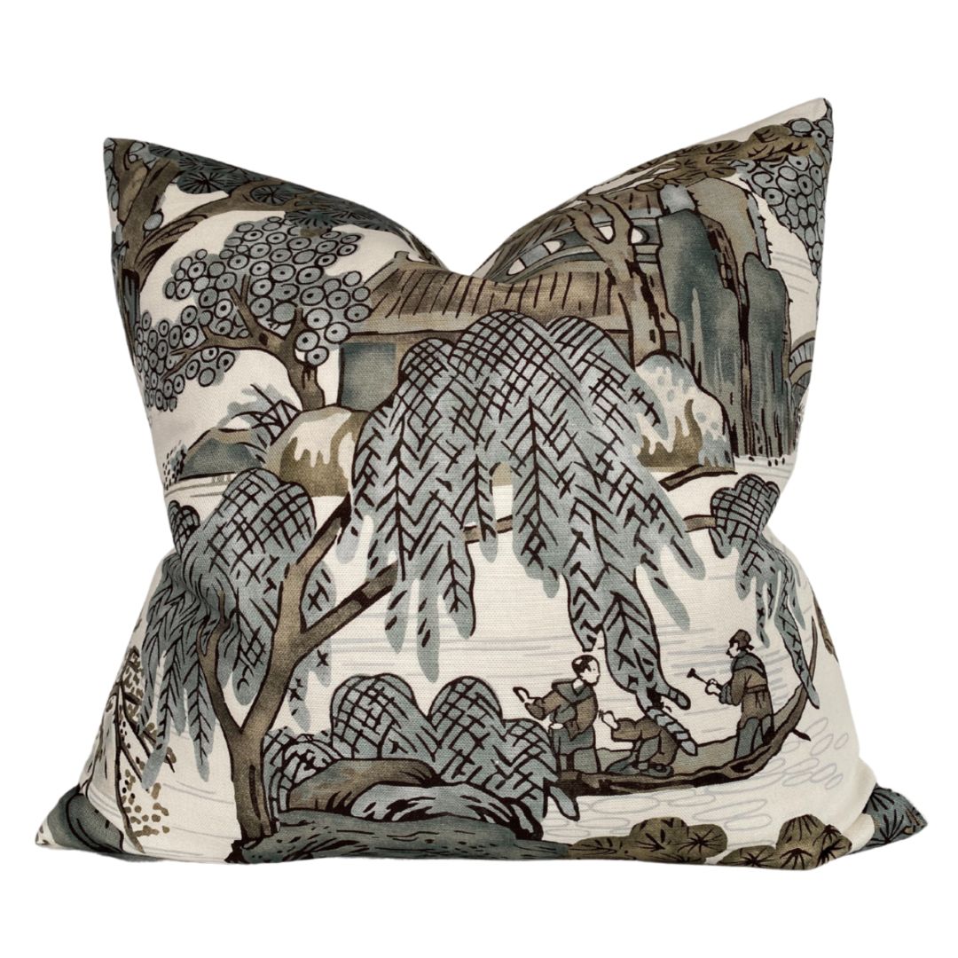 Asian Scenic Pillow Cover in Grey