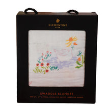 Garden Goose muslin swaddle blanket with geese and blossoms