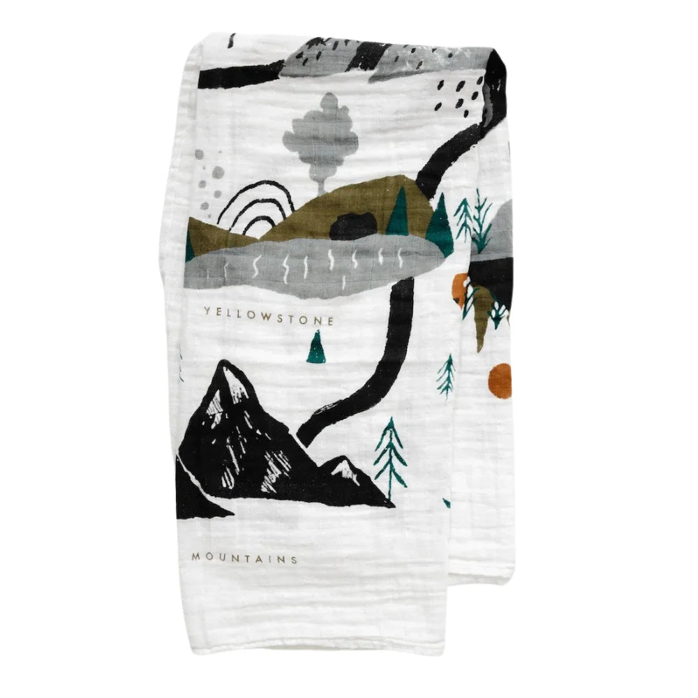 National Parks muslin swaddle blanket with illustrated parks
