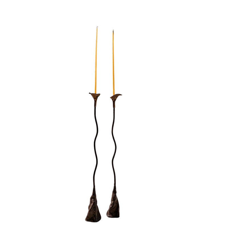 Handmade iron candle holders set of 2 with antique bronze lily top