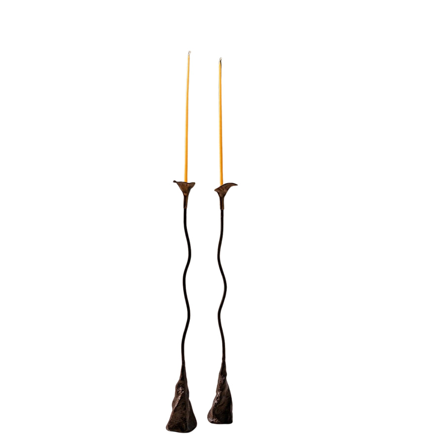 Handmade iron candle holders set of 2 with antique bronze lily top